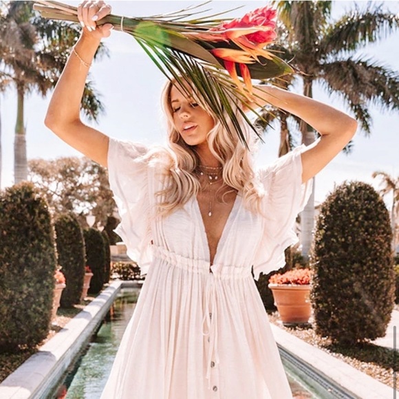 Boho White Gauze Button Flutter Maxi Butterfly Sleeves Dress, Coverup Dress - Picture 5 of 7